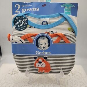 Gerber Infant‎ Baby Boy 2-Pack Dogs Lap Shoulder Gowns W/Mittens Size 0-6M NWT